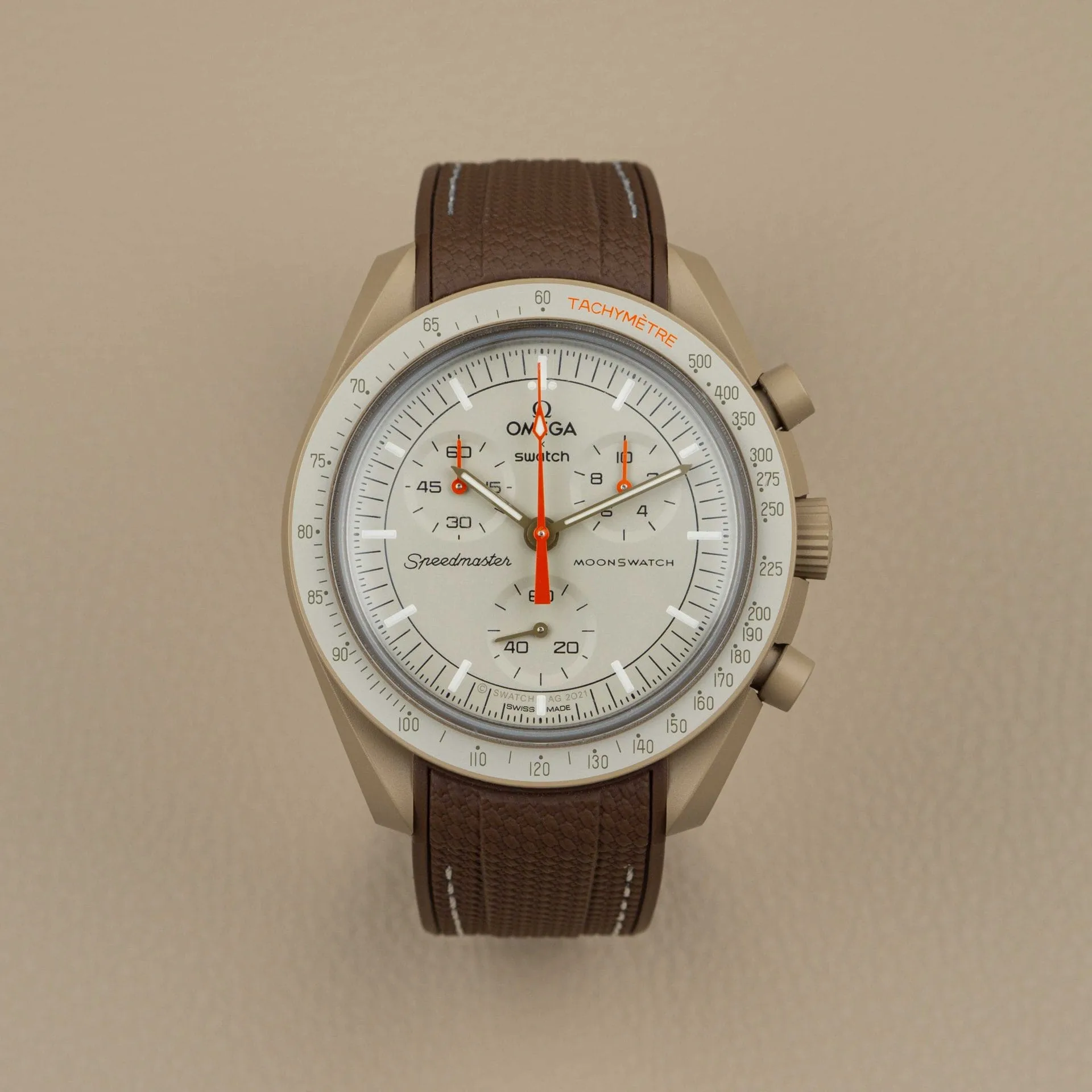 Brown Curved rubber strap with stitches for moonswatch