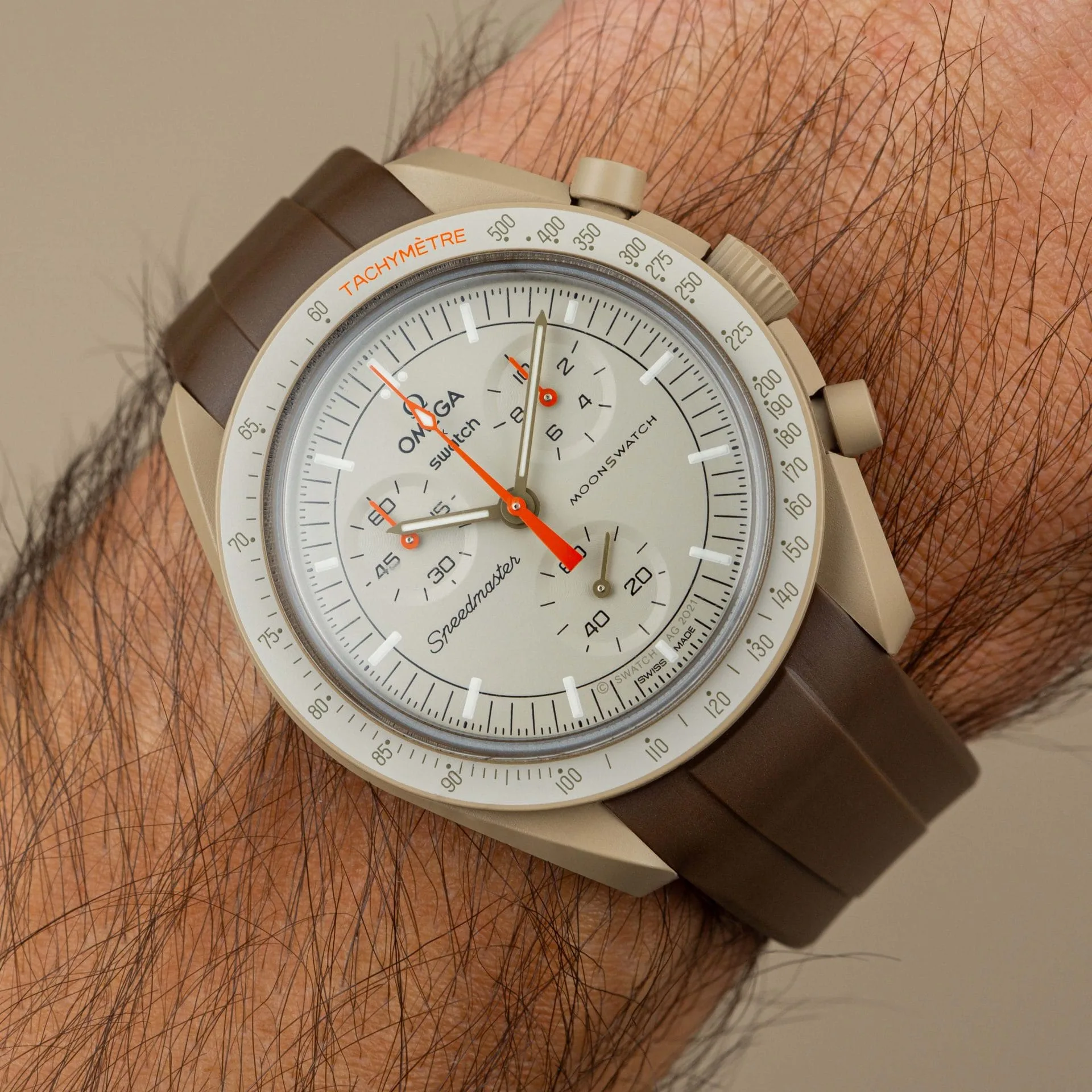 Brown curved rubber strap for moonswatch