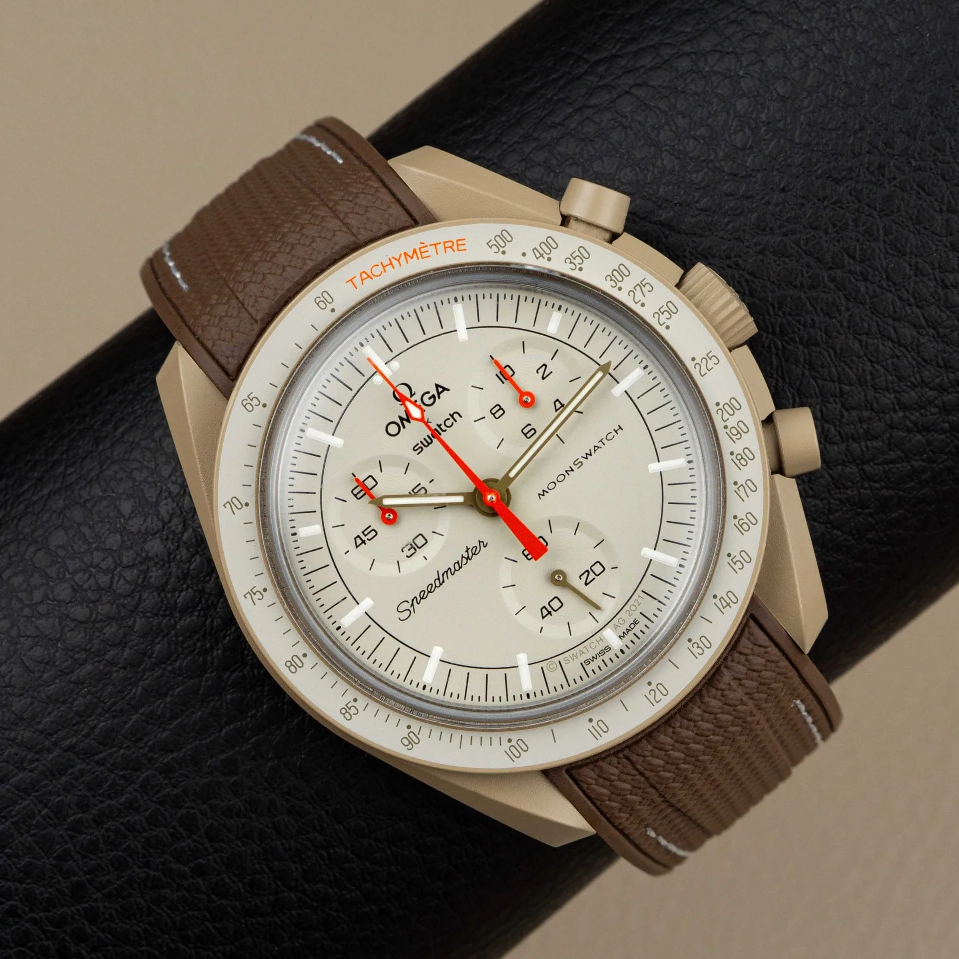 Brown Curved rubber strap with stitches for moonswatch