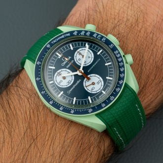 Green rubber strap on moonswatch mission to earth
