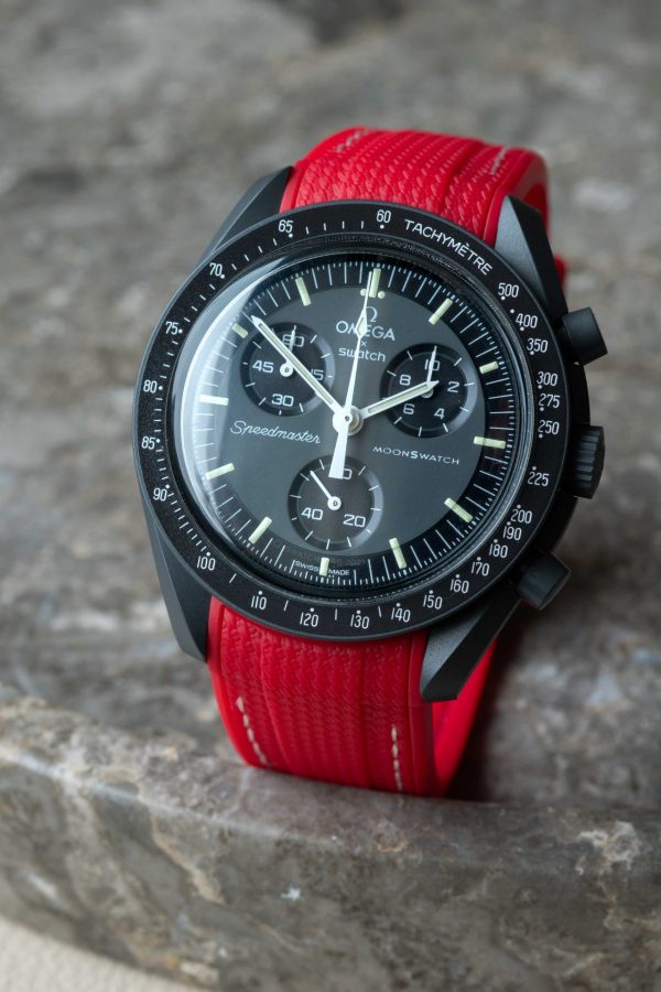 Red Monaco rubber strap paired with mission to mercury watch
