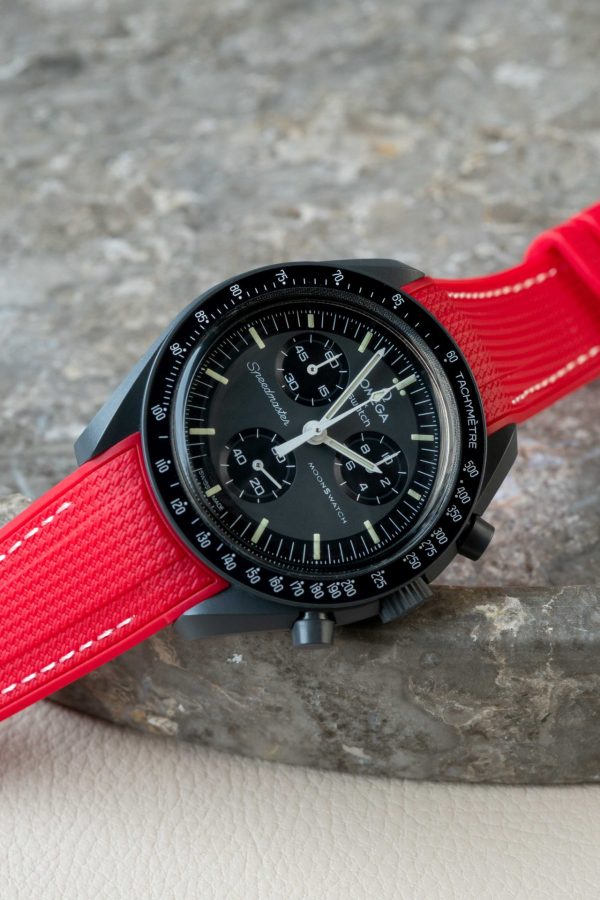 Red Monaco rubber strap paired with mission to mercury watch