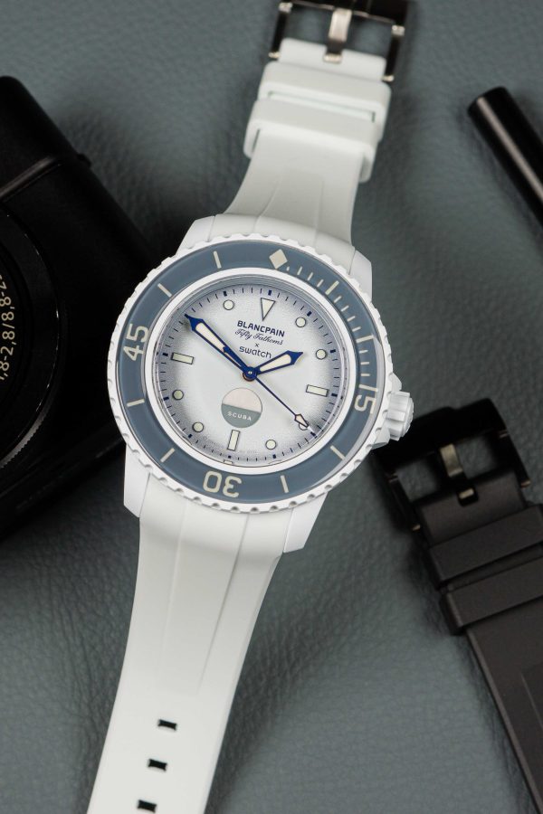 White Rubber Strap for Blancpain Fifty Fathoms X Swatch Collaboration.