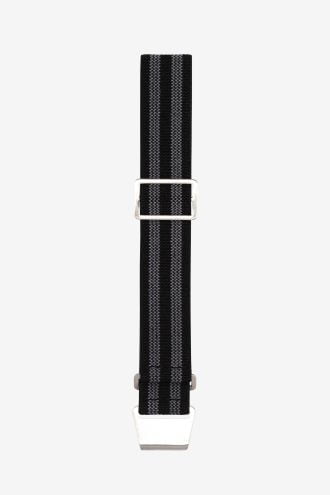 Black nylon parachute watch strap with two grey stripes