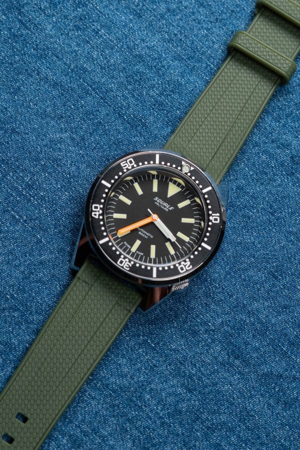 Squale 1521 Militaire paired with Army Green Straight End Rubber Watch Strap