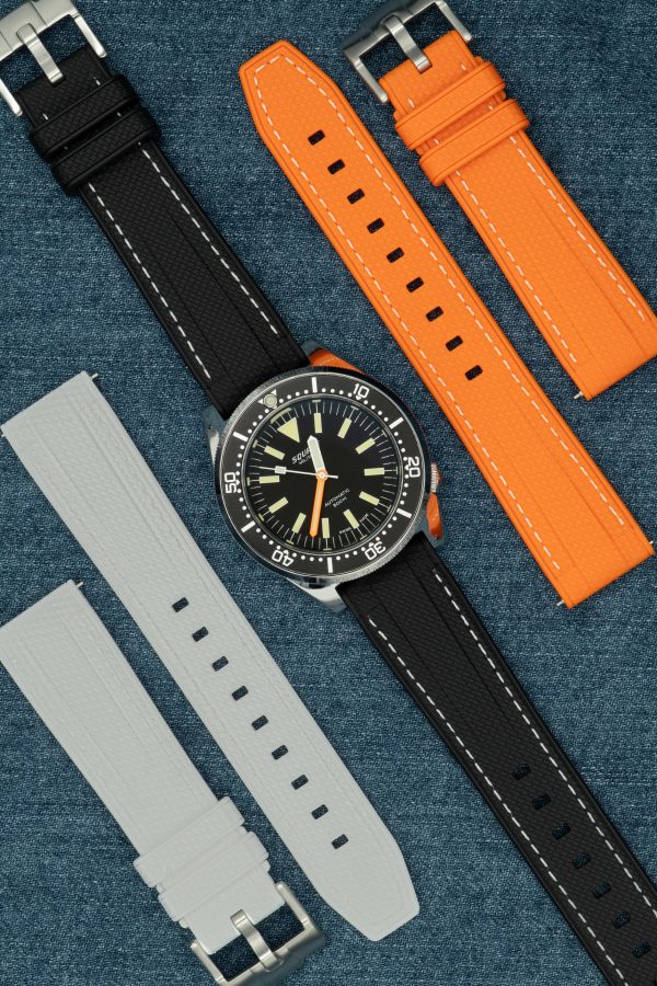 Straight End Rubber Watch Strap - Black - White Contrast Stiches